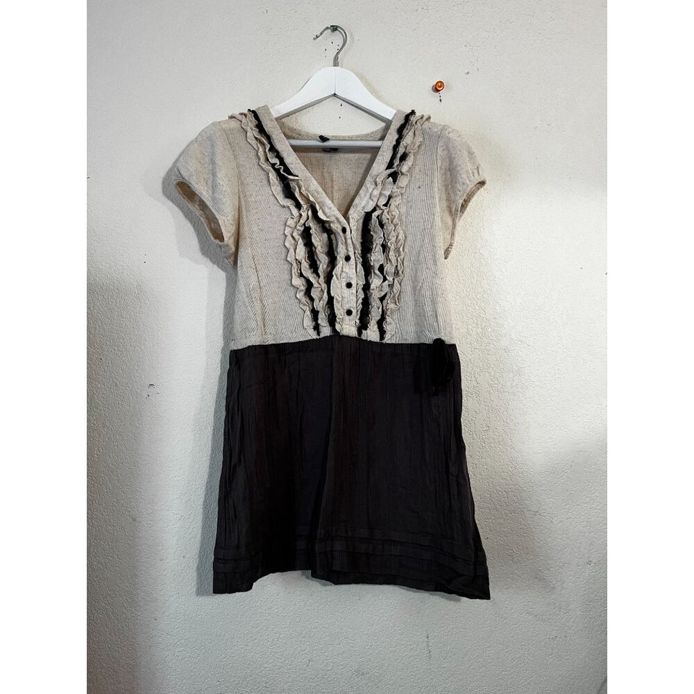 One September Womens Black Short Sleeve Ruffle Tunic Dress Large Linen Cotton